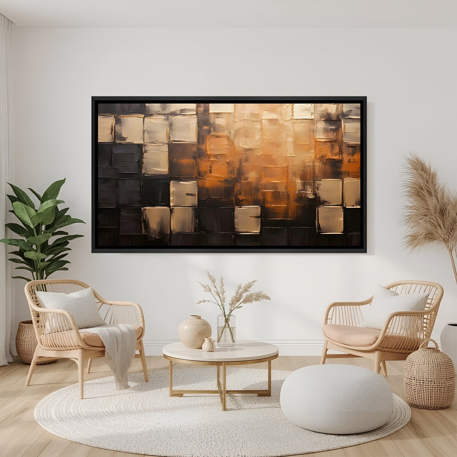 Brown and gold abstract geometric canvas wall art with black floater frame above sofa in contemporary living room decor