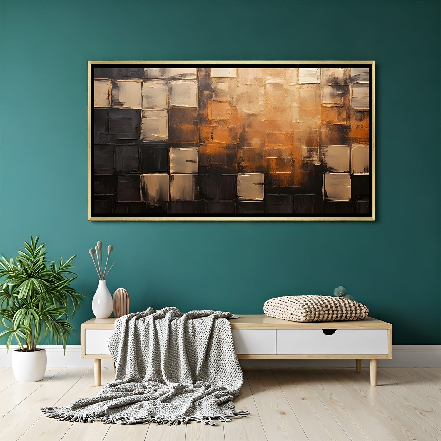 Abstract canvas wall art with brown and gold textured geometric design in golden floater frame displayed in elegant modern living room decor
