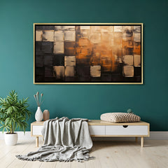 Abstract canvas wall art with brown and gold textured geometric design in golden floater frame displayed in elegant modern living room decor