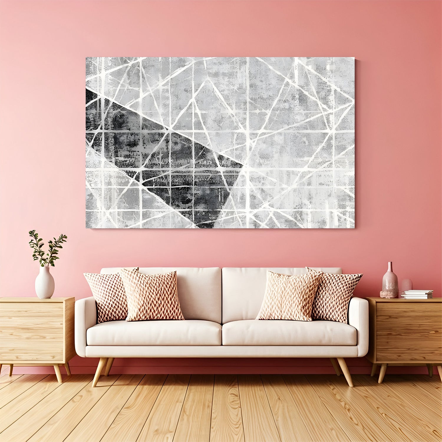 Abstract geometric lines canvas wall art with grey textured background and white grid pattern