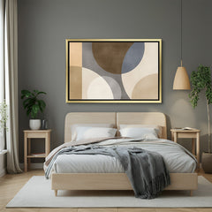 Bold geometric shapes canvas featuring vertical block and curve with golden floater frame – perfect for abstract home decor