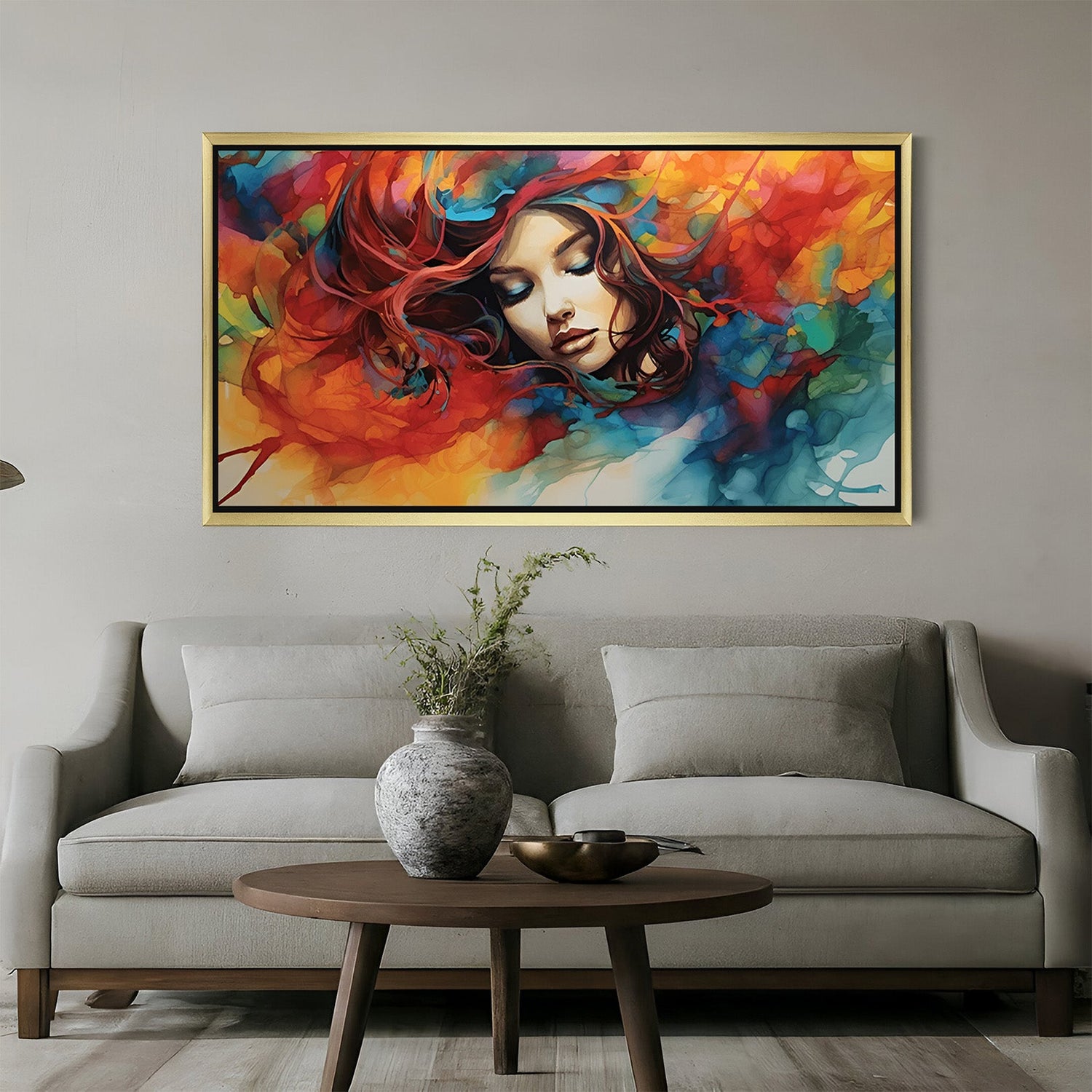 Abstract girl canvas wall painting in golden floater frame – expressive and colorful artwork for contemporary interiors and designer wall spaces