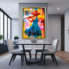 Abstract girl playing violin hand-painted canvas wall art in golden floater frame