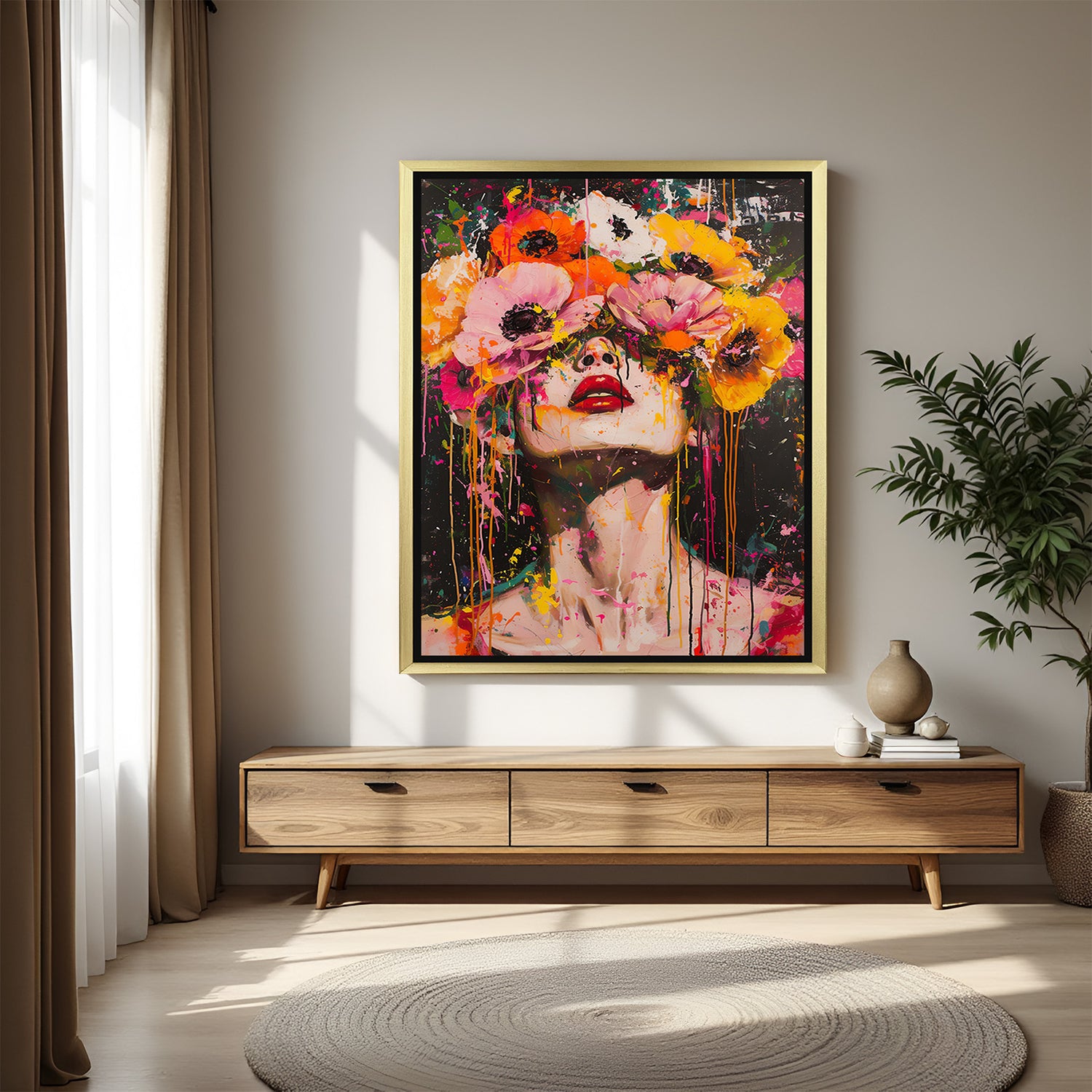 Abstract girl canvas painting with floral elements and golden floater frame – artistic and elegant wall art for trendy interiors and luxury decor