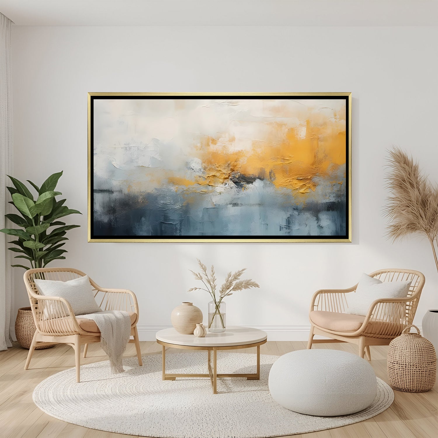 Luxury abstract gold and grey textured canvas wall art in golden frame for sophisticated home decor