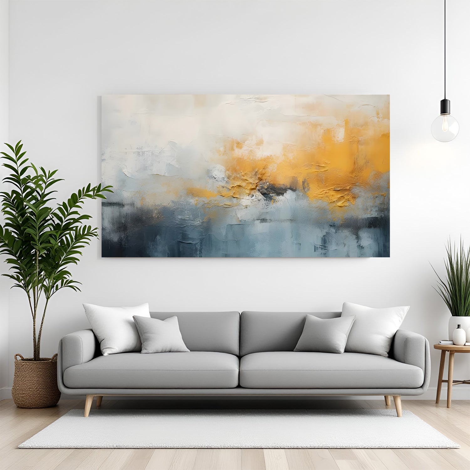 Abstract gold and grey textured canvas wall art displayed in modern living room decor canvas wrap