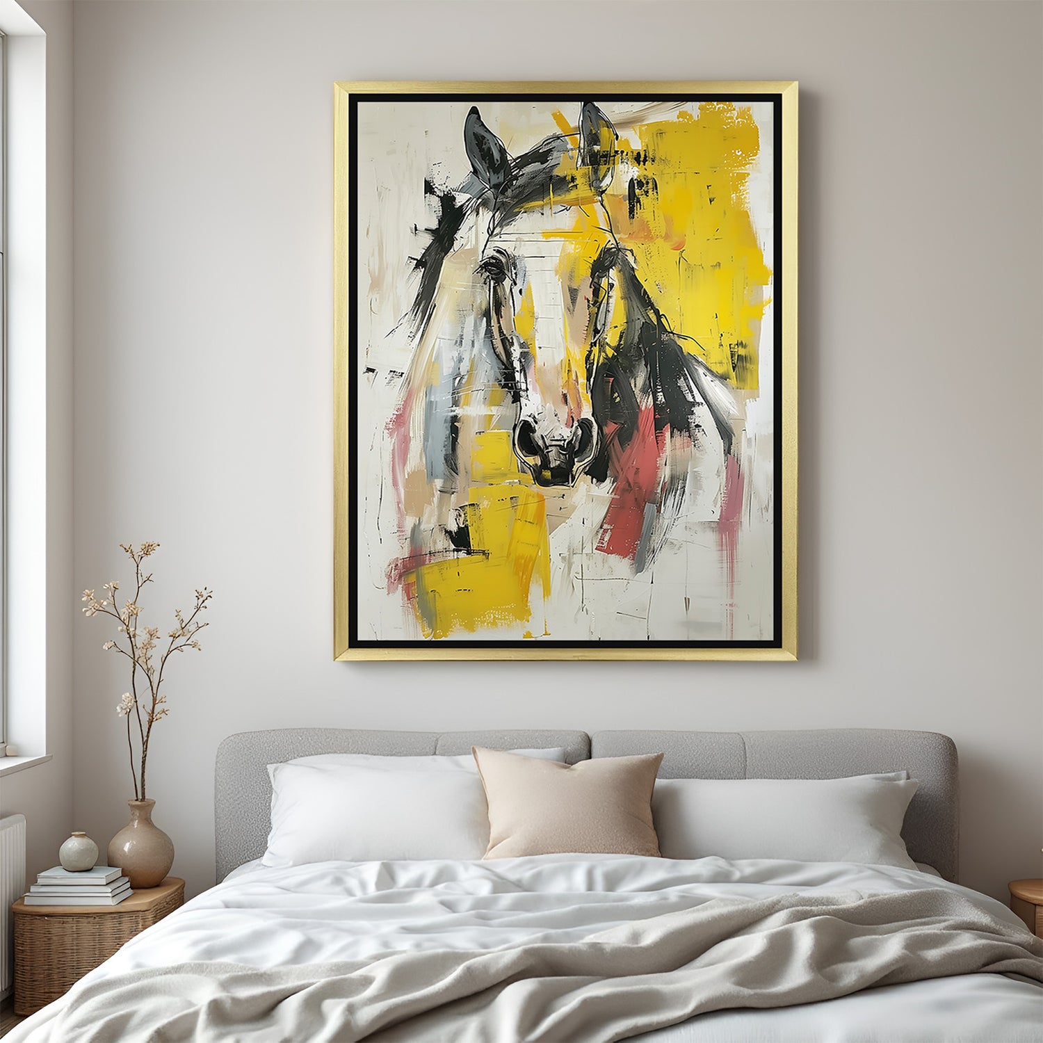 Abstract horse hand-painted canvas wall art with bold brushstrokes in golden floater frame