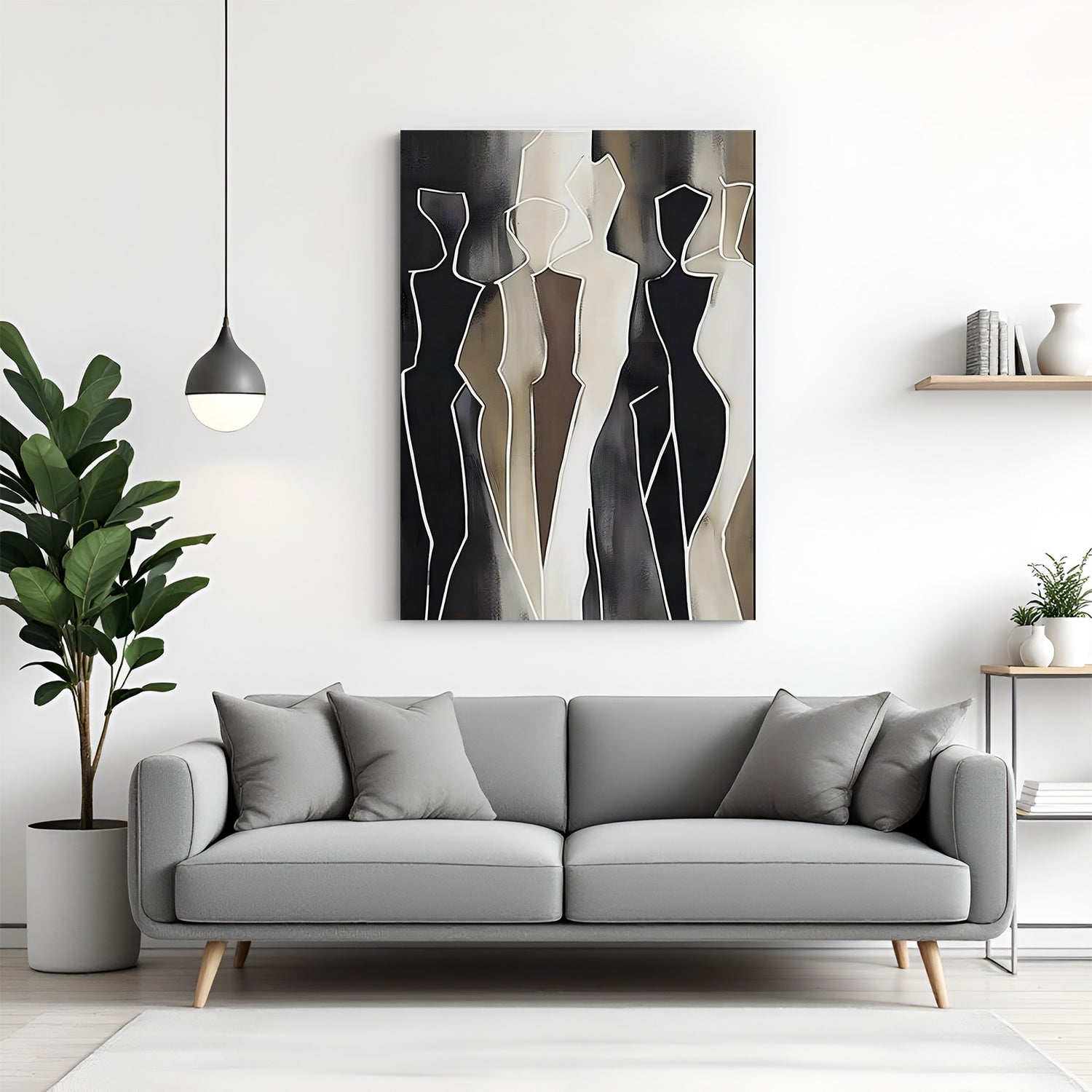 Abstract human figures canvas wall art with minimalist line silhouettes in black and beige tones
