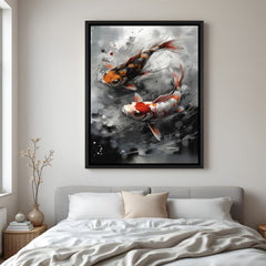 Minimal koi fish artwork on black background in elegant black floater frame for modern interiors