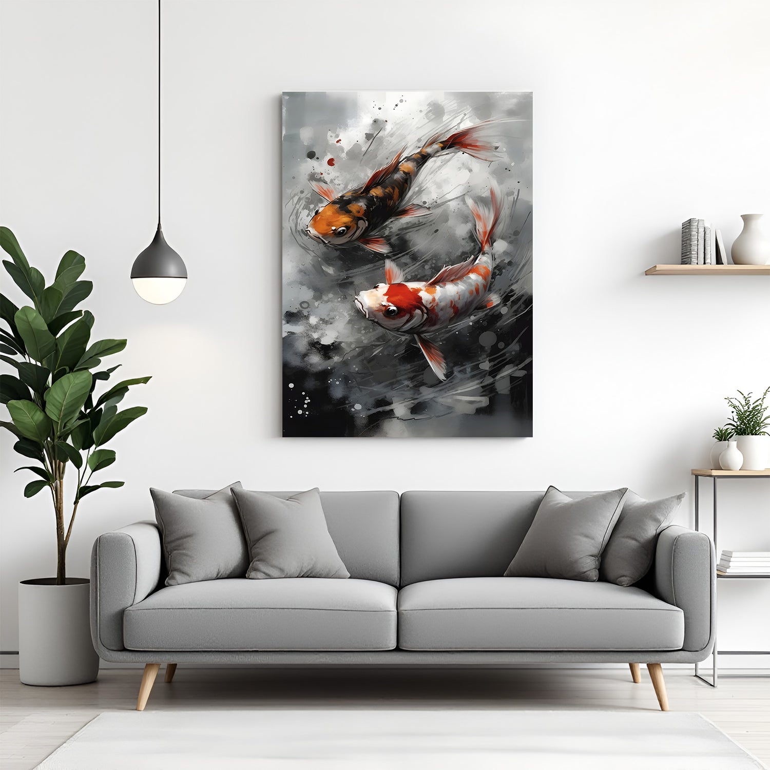 Abstract Japanese koi fish metal wall art featuring two carp swimming on a black background in a modern minimal design