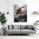 Abstract Japanese koi fish metal wall art featuring two carp swimming on a black background in a modern minimal design