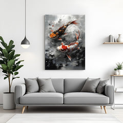 Abstract Japanese koi fish metal wall art featuring two carp swimming on a black background in a modern minimal design