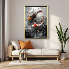 Luxury koi fish metal print artwork with abstract Japanese design in golden floater frame