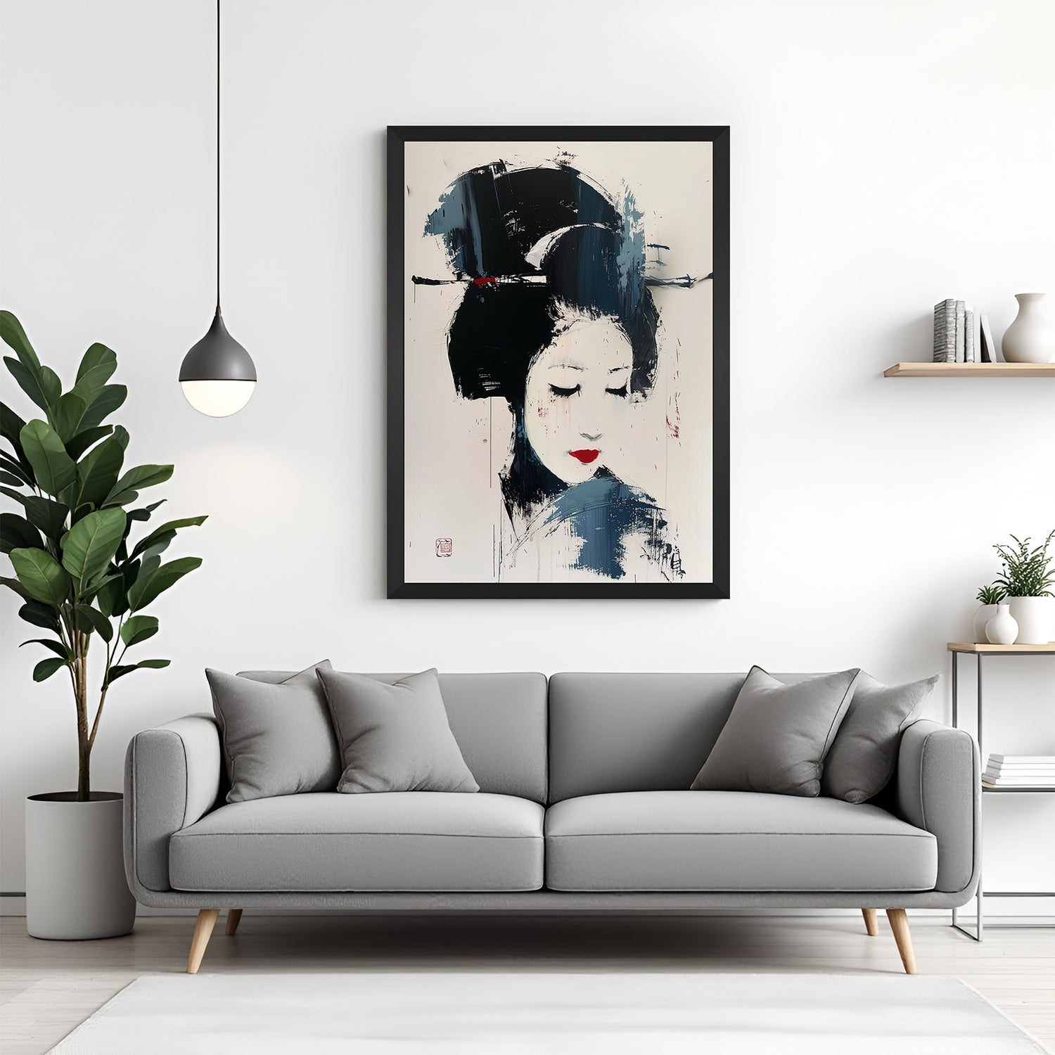 Black-framed canvas print of a Japanese woman in abstract painted style—stylish and graceful decor for modern homes and art-focused spaces