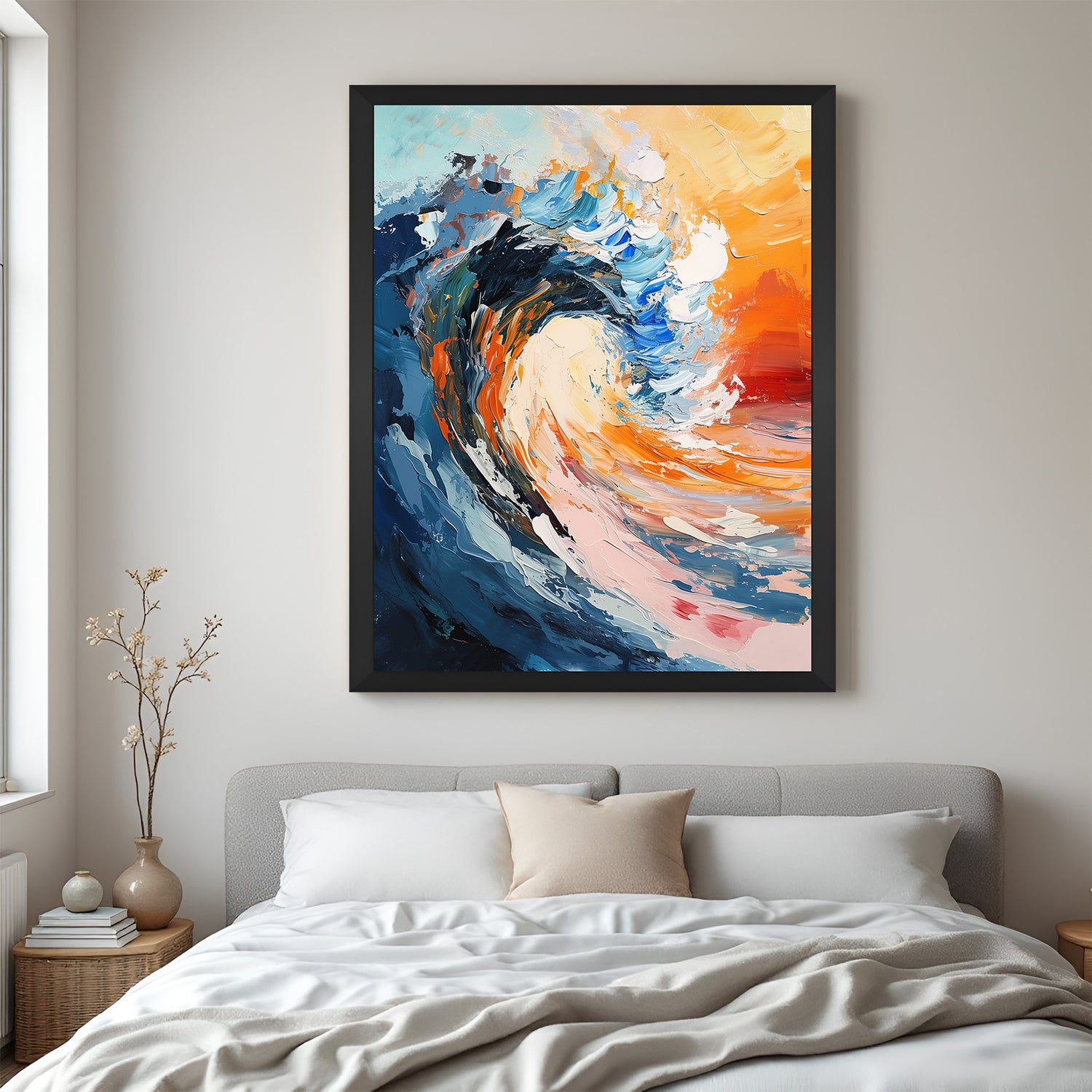 Ocean wave abstract canvas with black floater frame – blue wave artwork for elegant and expressive wall styling