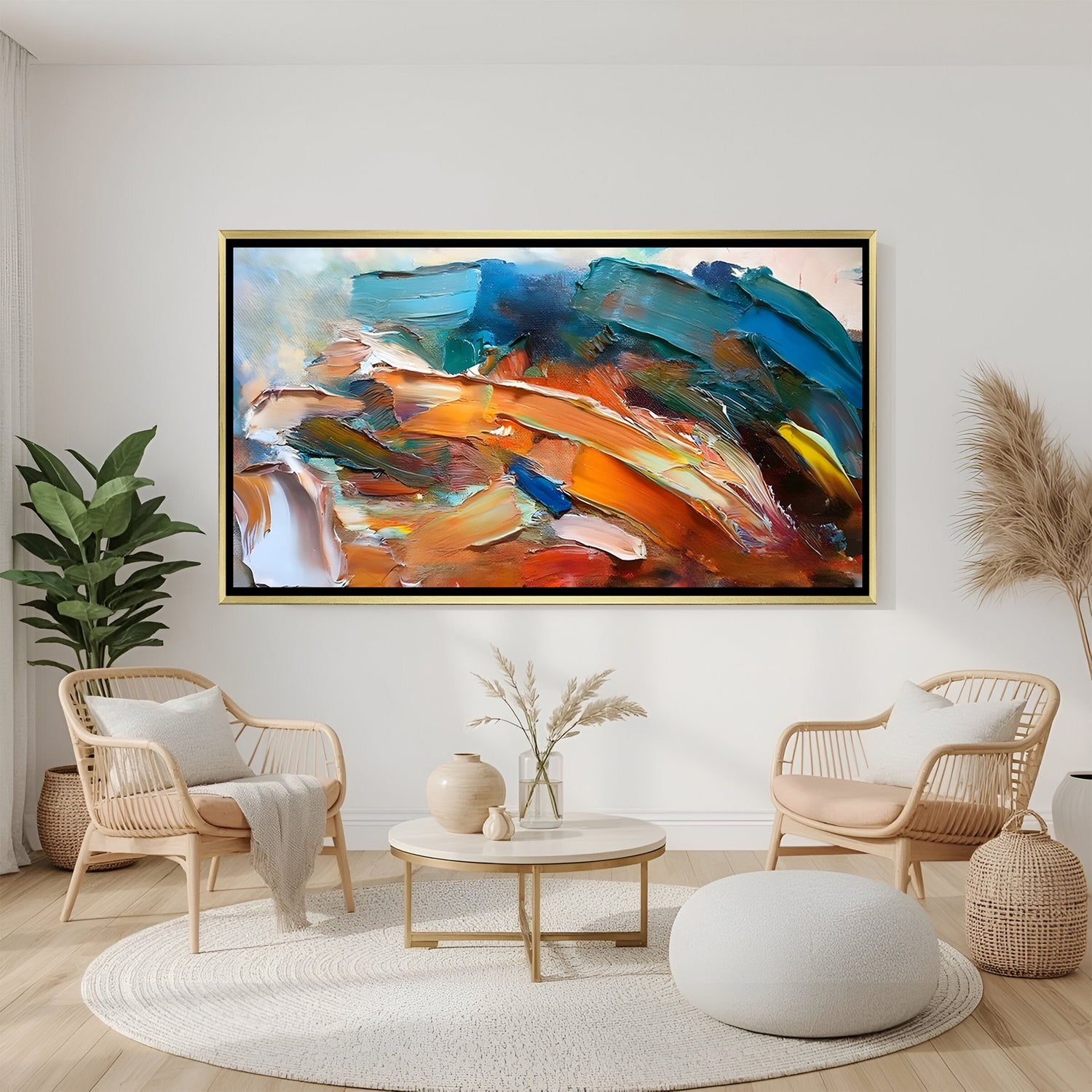 Vibrant textured abstract canvas wall art with orange and teal tones in golden frame for stylish home decor