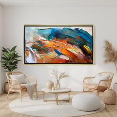 Vibrant textured abstract canvas wall art with orange and teal tones in golden frame for stylish home decor