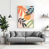 Boho canvas wall art with pastel random shapes and subtle dark botanical stems on light background