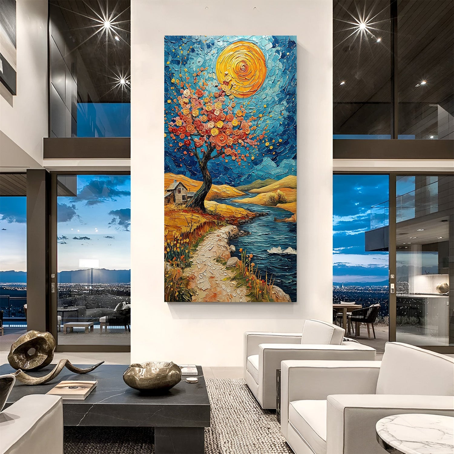 Abstract scenic wall art in vertical portrait format – painted canvas print featuring natural elements for elegant modern decor