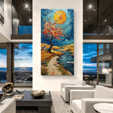 Abstract scenic wall art in vertical portrait format – painted canvas print featuring natural elements for elegant modern decor