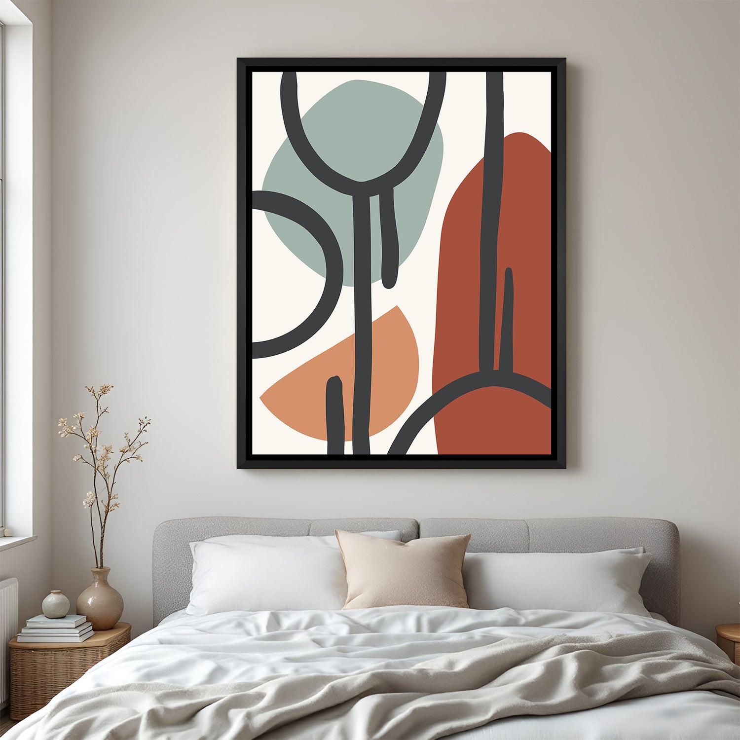 Black floater frame canvas with random bohemian shapes and scribble-style line art