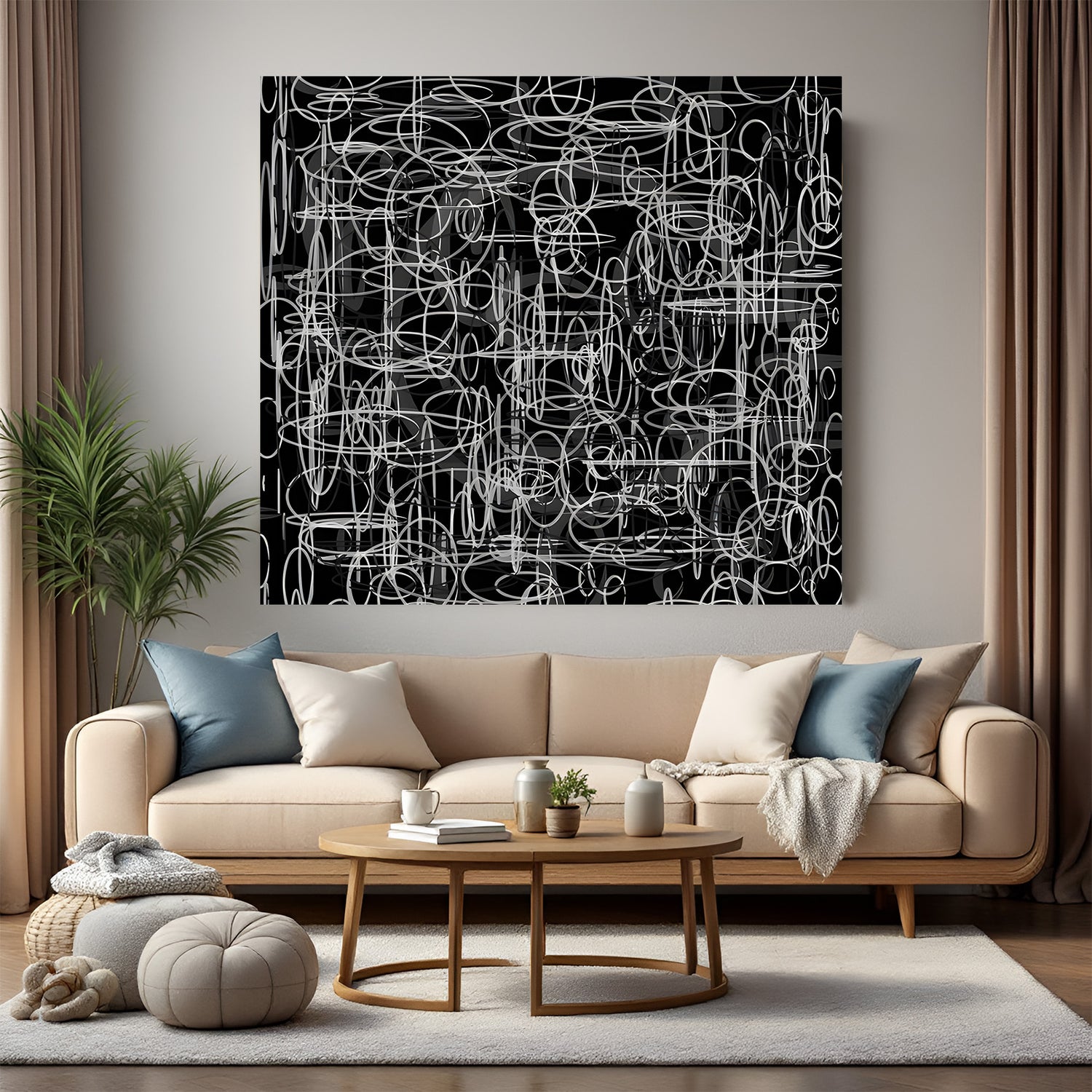 Abstract scribble canvas wall art with white lines on black background