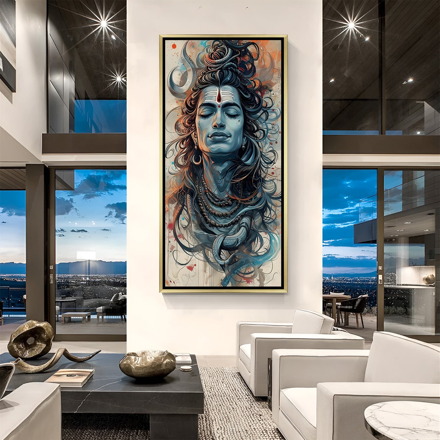 Abstract Shiva portrait canvas wall art in golden floater frame luxury Hindu decor India