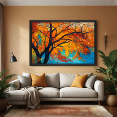 Spring tree canvas wall art in black floater frame – large abstract nature print for modern interiors, living spaces, and creative wall decor