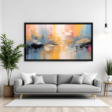 Soft pastel abstract sunset painting in black floater frame for contemporary living room decor