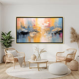 Elegant abstract sunset landscape canvas wall art in golden frame with pastel tones for home decor