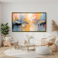 Elegant abstract sunset landscape canvas wall art in golden frame with pastel tones for home decor