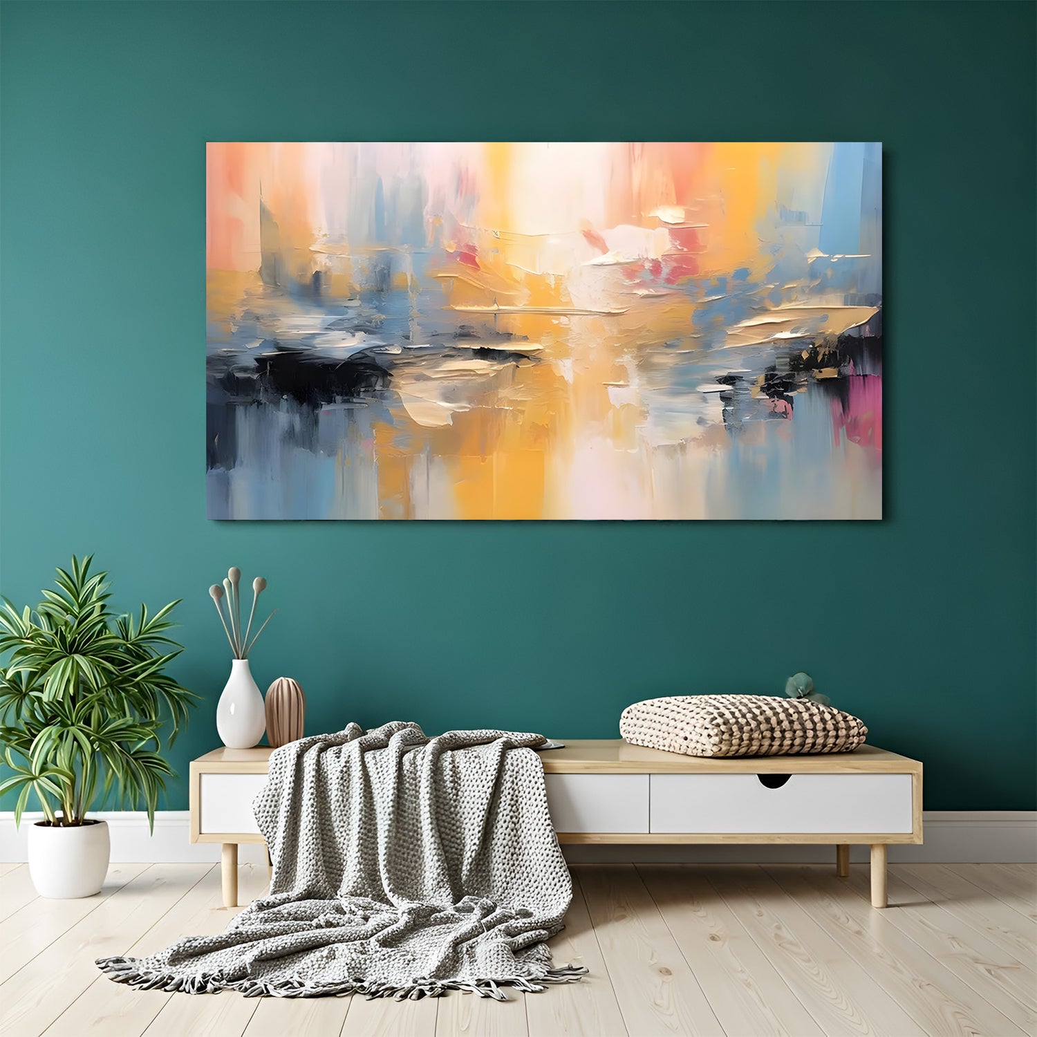 Abstract sunset landscape canvas wall art with pastel tones and reflection displayed in modern living room decor canvas wrap