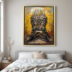 Golden frame canvas showing abstract chair made of blades – unique and powerful sword wall art for fantasy lovers and modern decor