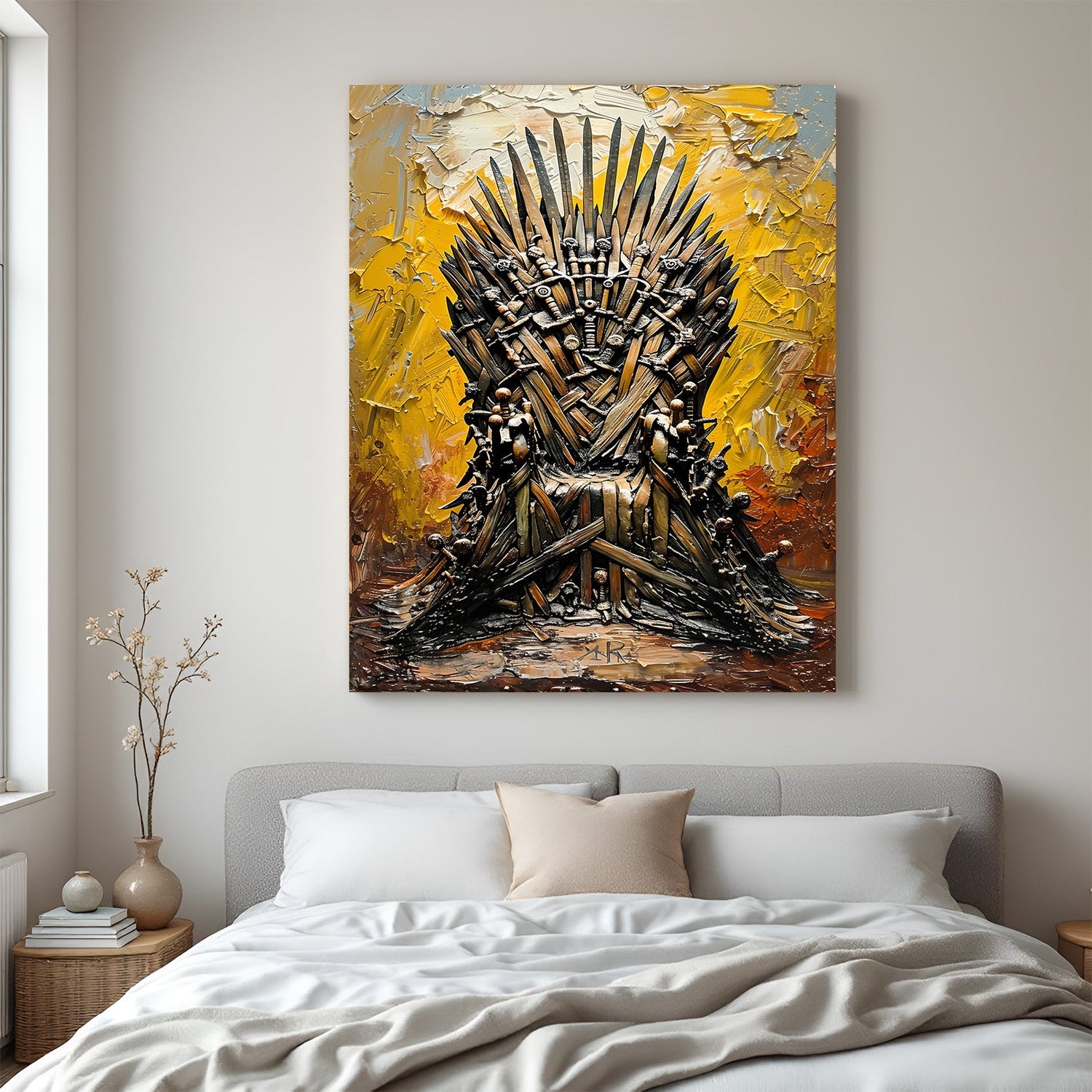 Abstract wall art of a chair made from daggers and swords – fantasy-inspired large canvas print with dark tones and powerful composition