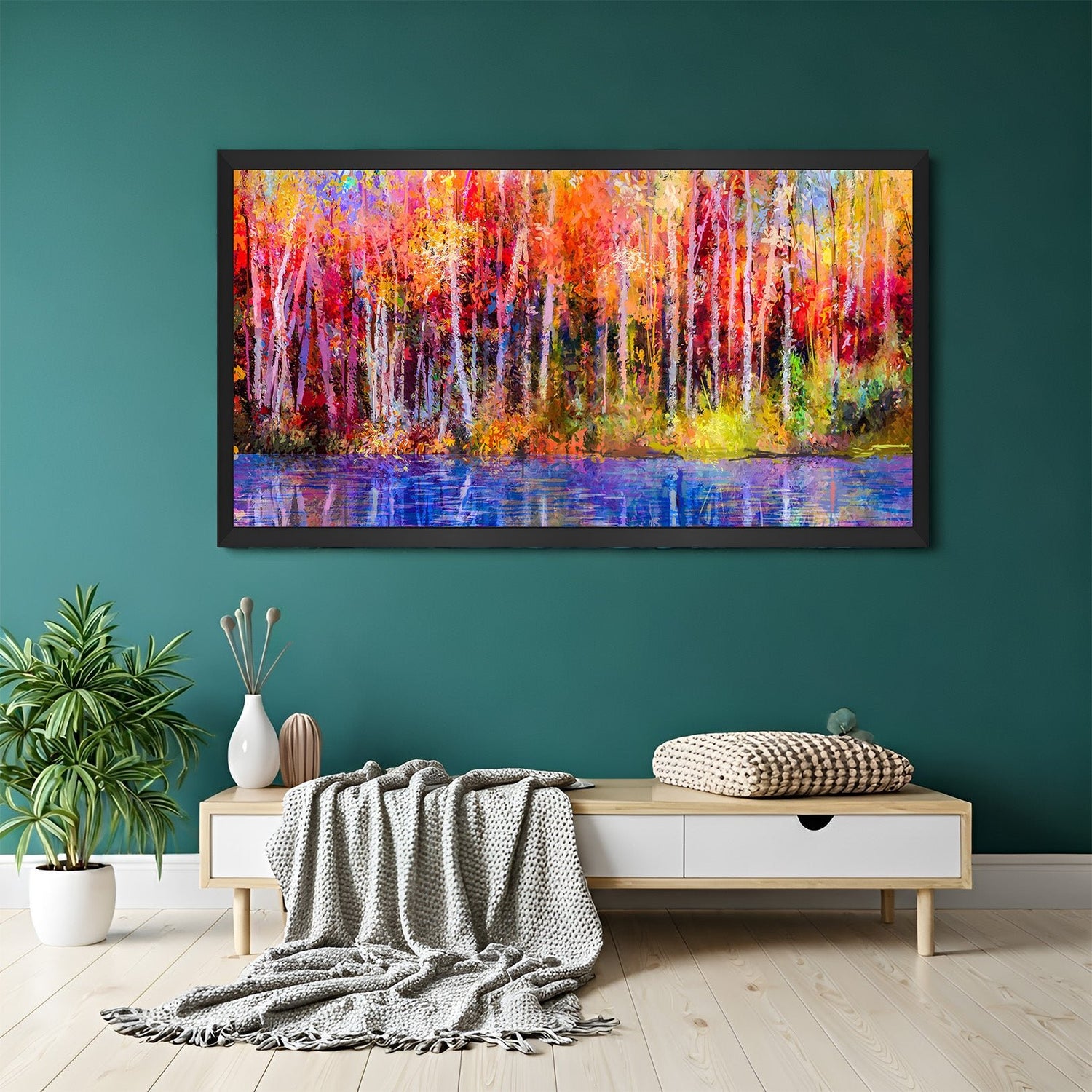 Abstract trees and river canvas print in black floater frame – peaceful landscape wall art for modern living rooms, bedrooms, and office decor