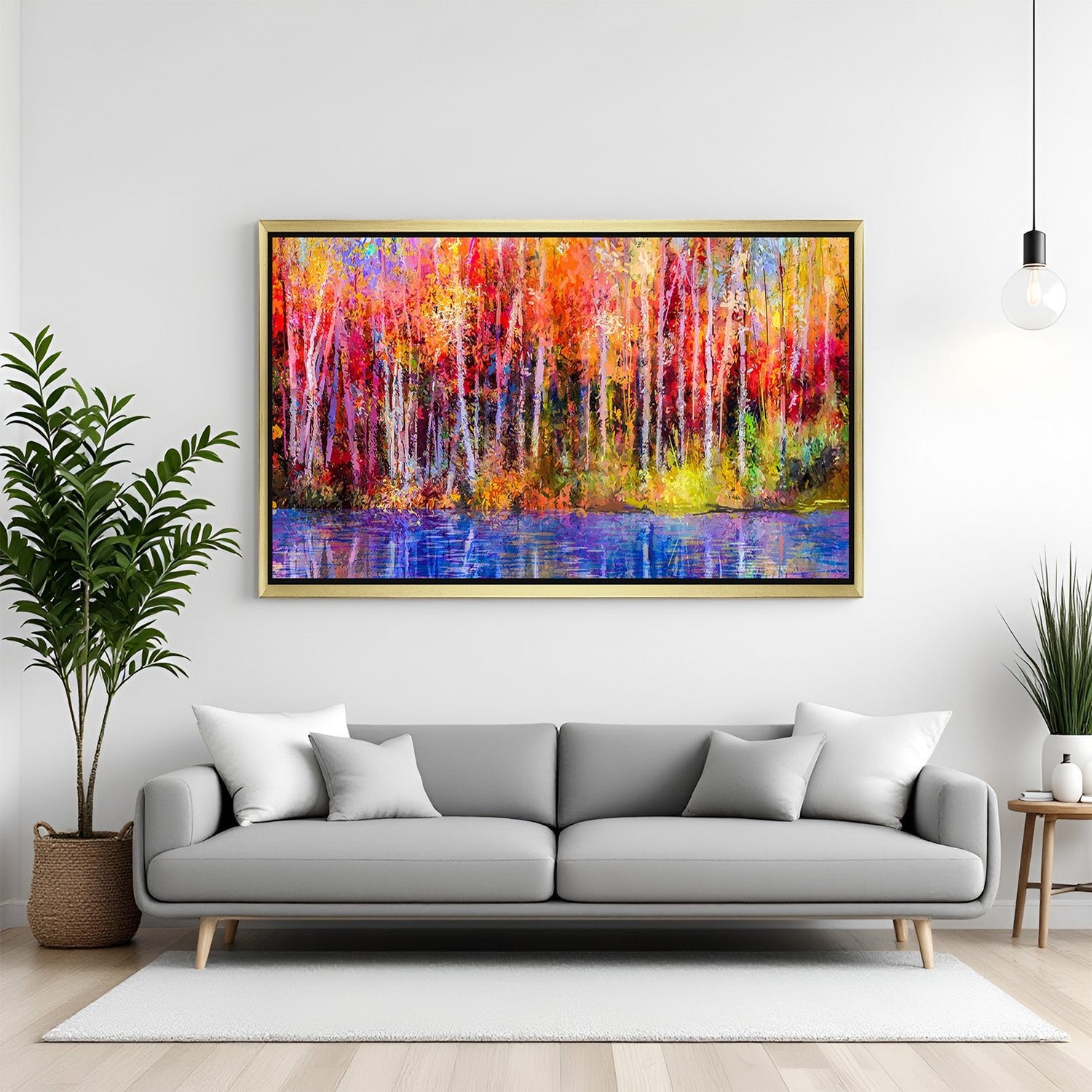 Artistic abstract wall painting of river and trees in golden floater frame – large canvas wall decor for elegant and calming home spaces