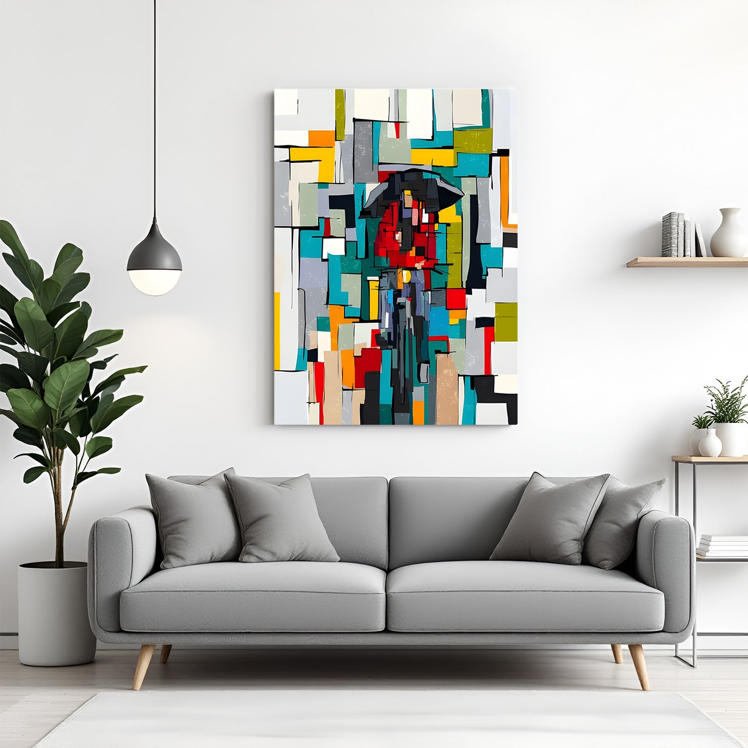 Abstract umbrella canvas wall art with bold geometric colorful design