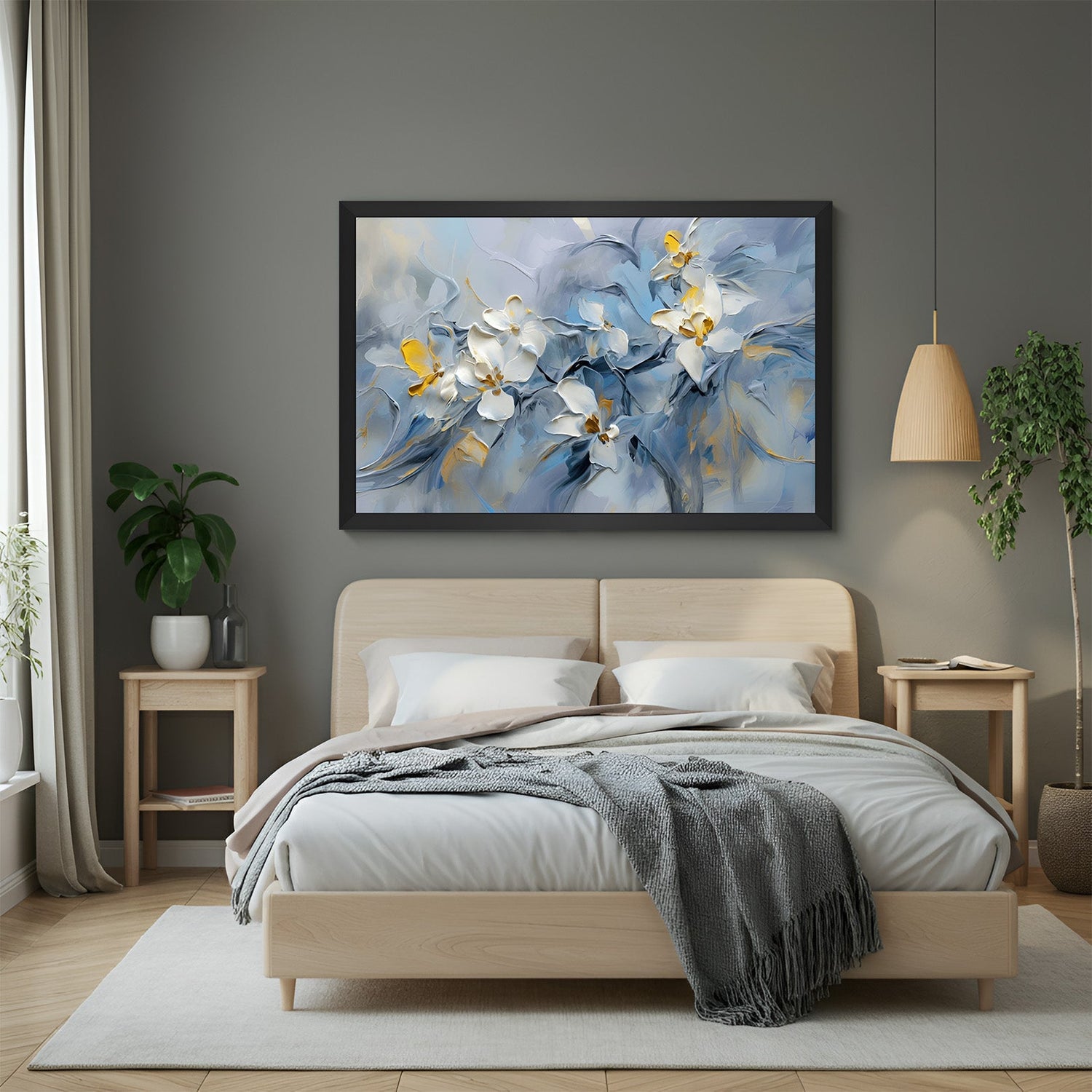 Framed abstract canvas art of a white flower in painted style with black floater frame, perfect for clean and contemporary spaces