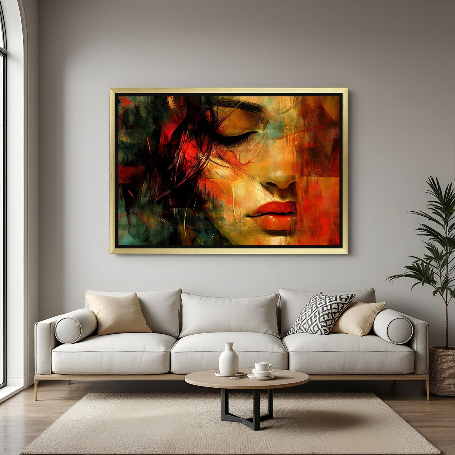 Hand painted abstract woman portrait canvas wall art with vibrant colors in golden floater frame – contemporary home wall decor