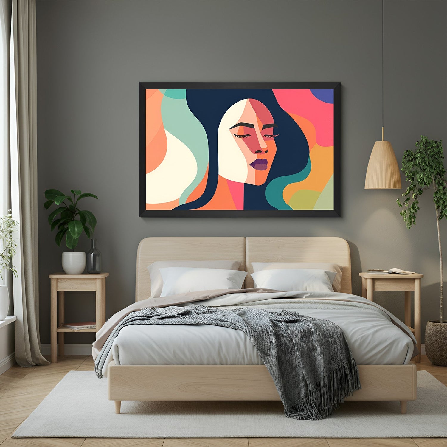 Black frame abstract woman face canvas – bold geometric shapes in cubist design with vibrant colors for stylish modern wall decor