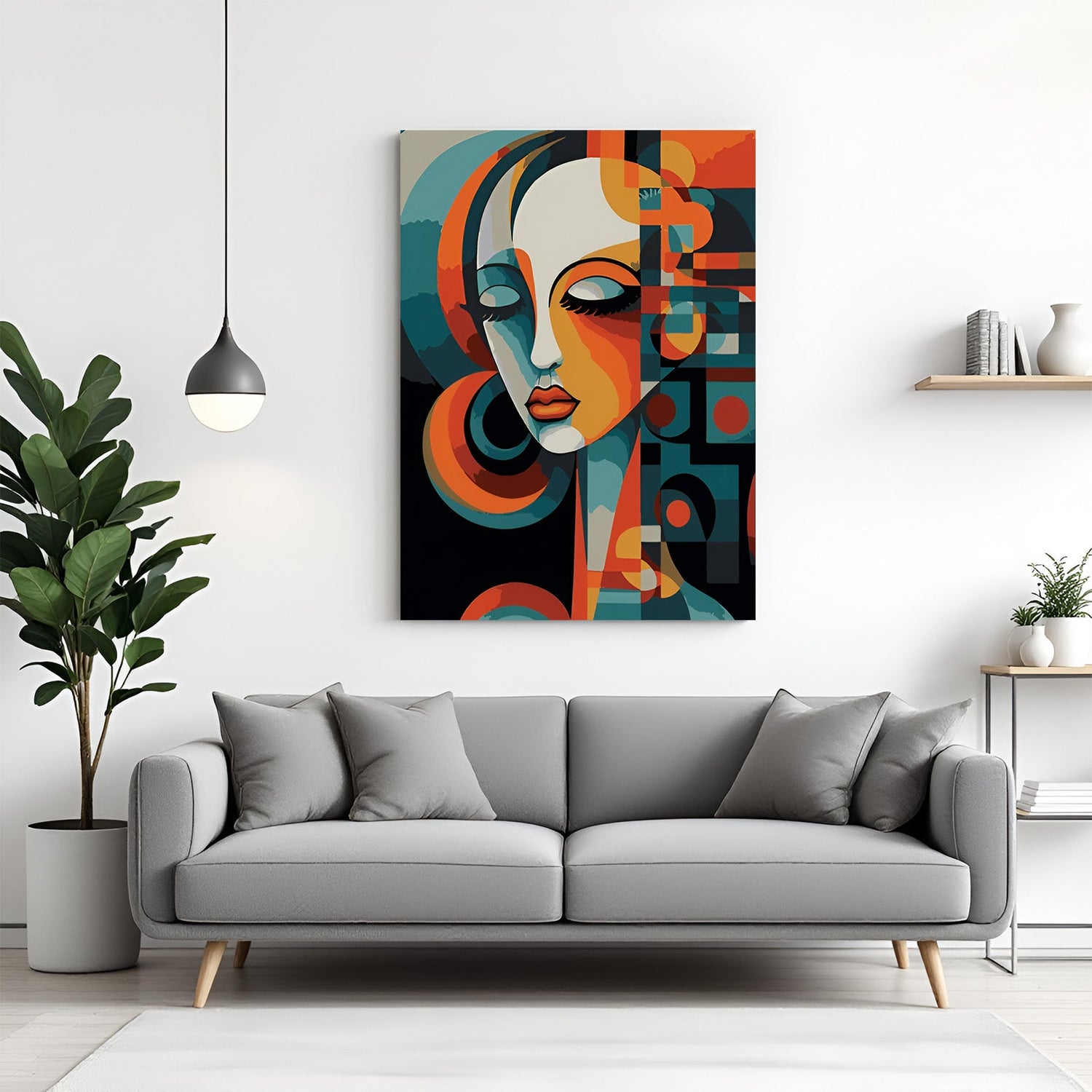 Abstract woman face wall art – geometric shapes illustration on canvas capturing feminine elegance in a modern abstract style