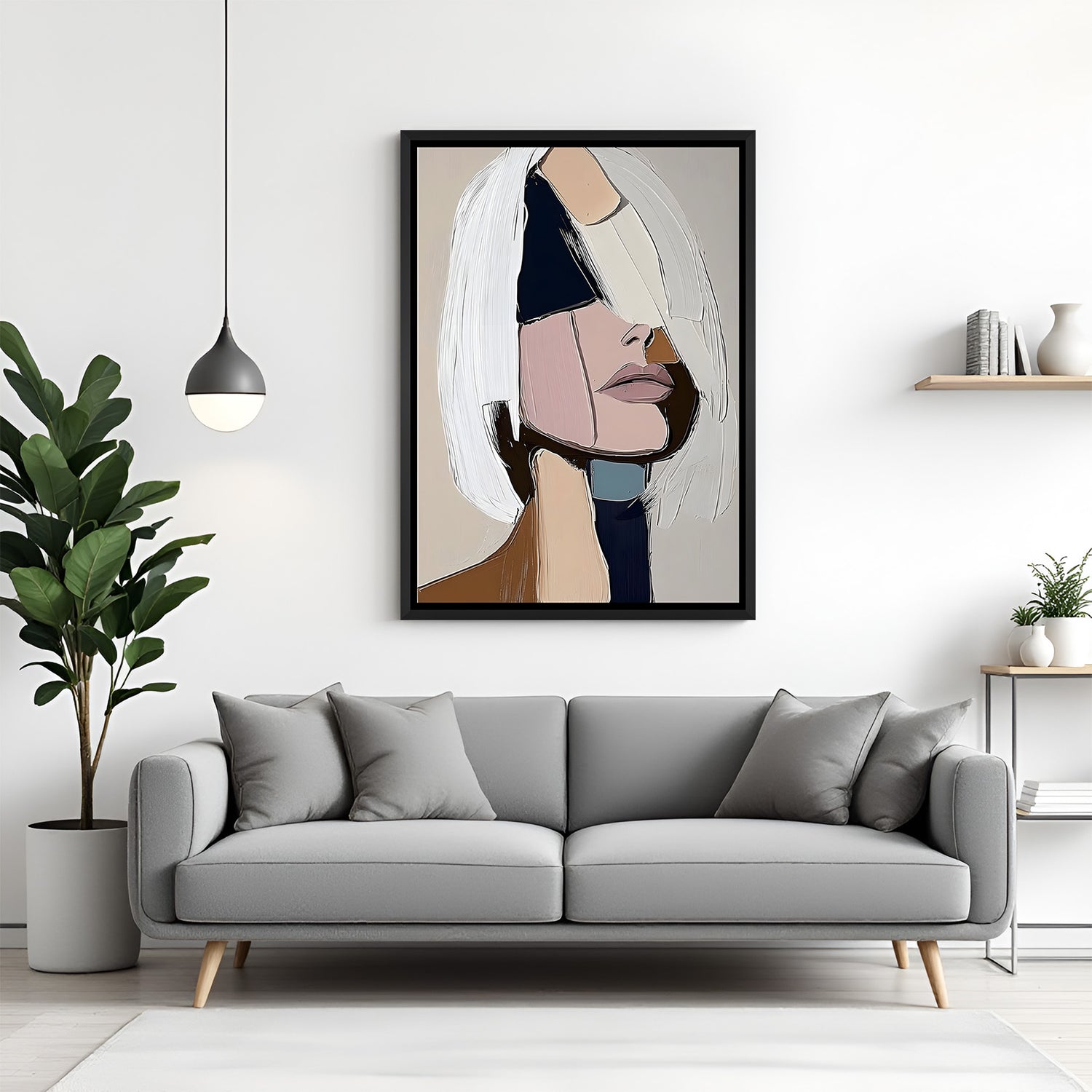 Contemporary abstract woman face painting in black frame with neutral tones