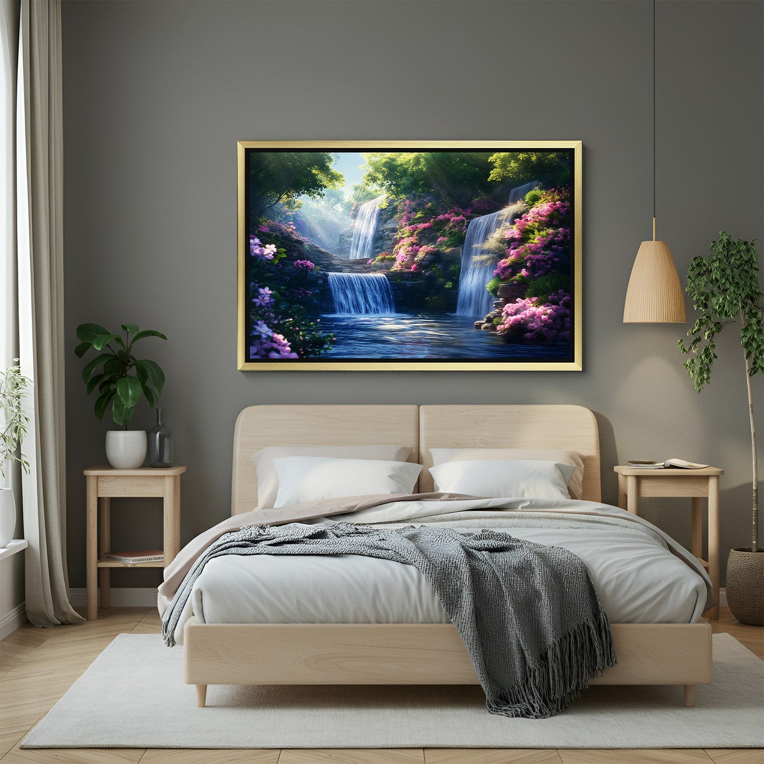 Golden floater frame waterfall canvas painting representing continuous success, positivity, and elegant Vastu decor for personal spaces