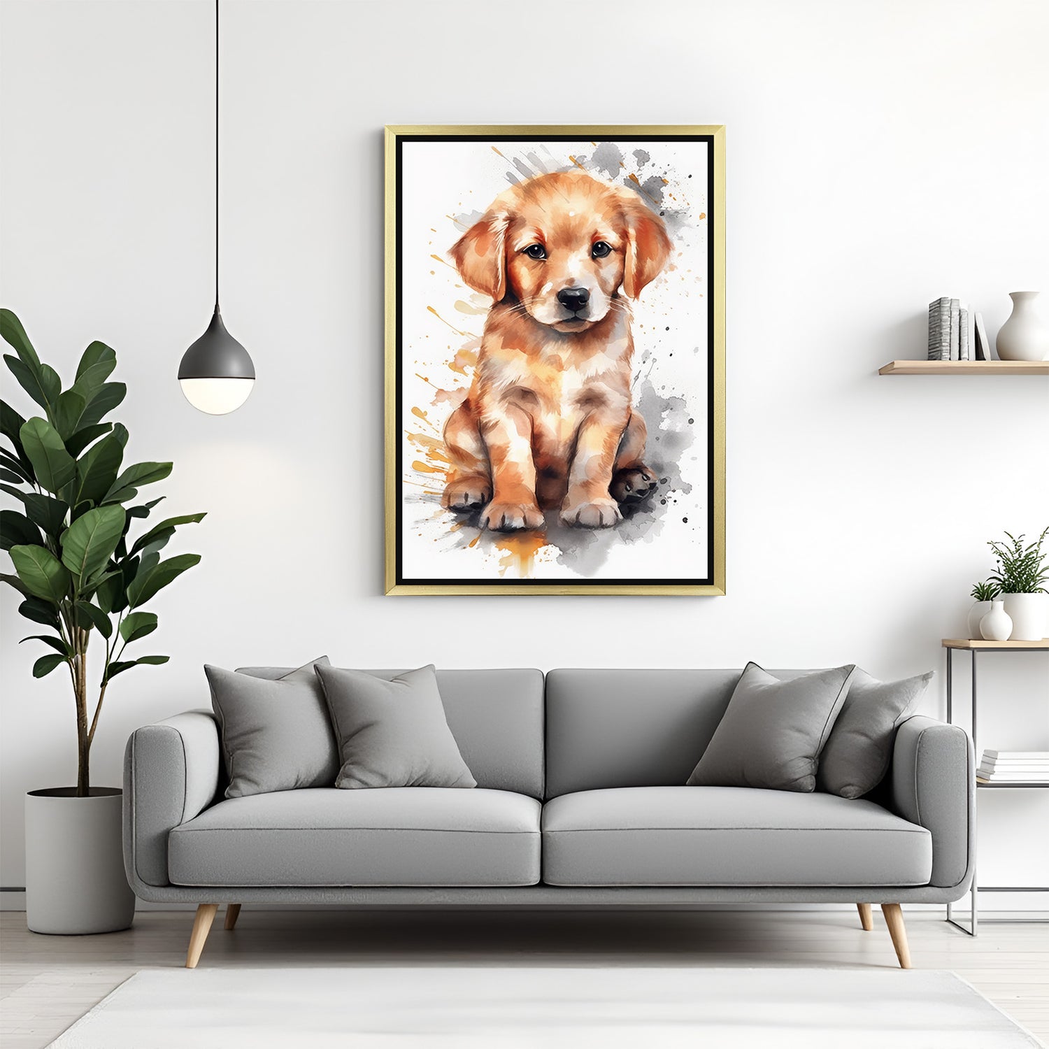 Sweet dog painting in golden floater frame, perfect for pet-friendly decor with a soft and loving feel