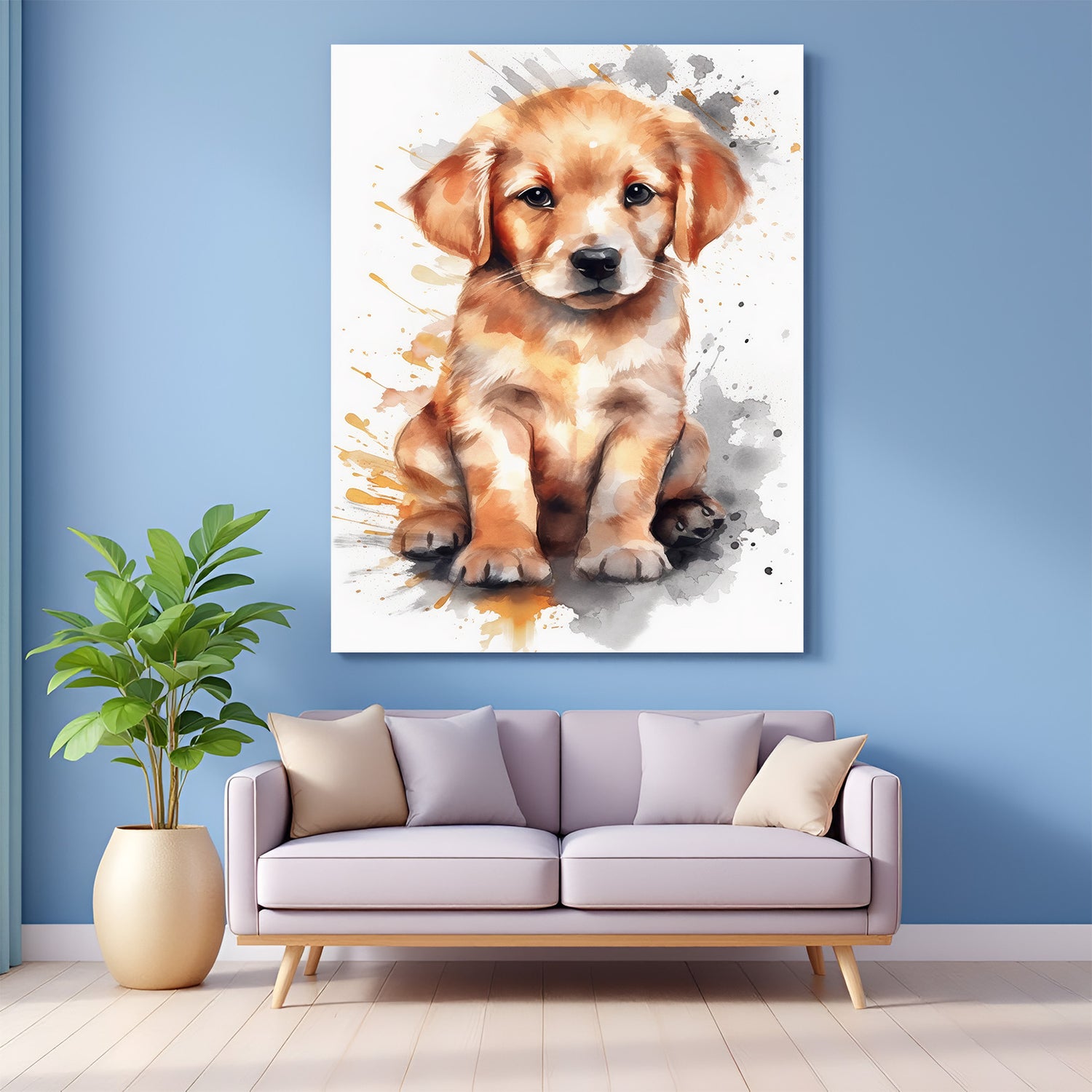 Cute painted style puppy canvas wall art for pet lovers, perfect for cozy bedrooms, nurseries, and animal-themed interiors