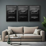 Set of 3 canvas prints featuring Adventure, Courage, and Decisions with definitions – bold typography wall art for home, office, or workspace decor
