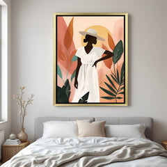 Golden-framed canvas wall art of a stylish African woman in bohemian theme, designed for ethnic, warm, and relaxed interior spaces