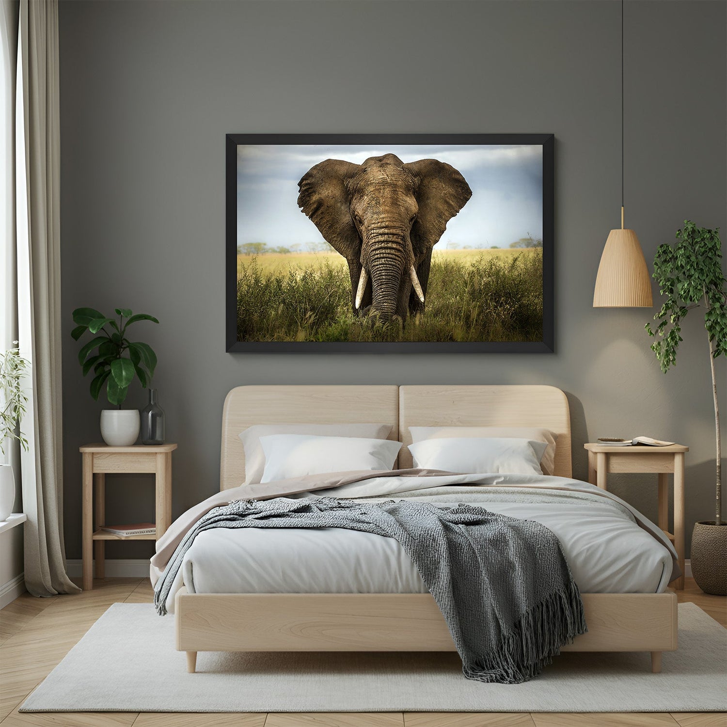 Wildlife elephant canvas in black floater frame, ideal for modern interiors or office spaces that reflect strength and connection with nature