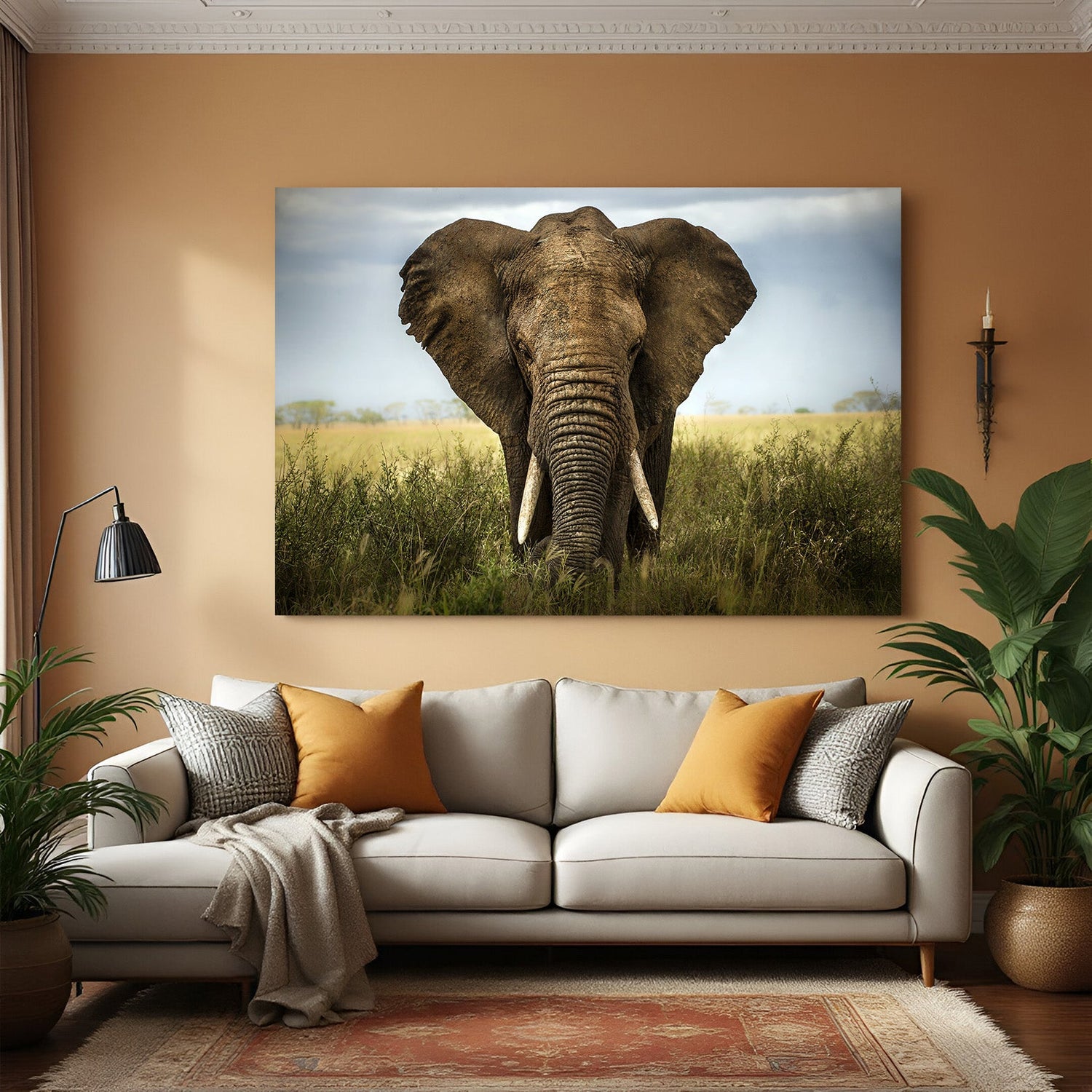Majestic African elephant wall art in painted style, perfect for nature-inspired or safari-themed interiors with bold and powerful wildlife presence