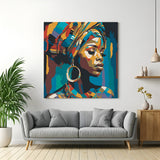 Canvas wall art of an African girl in abstract painted style wearing tribal hat and earrings, ideal for Afrocentric and stylish home decor